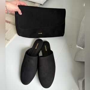 Laroudde Venice Flat Mule and Pouch Kit In Black Suede